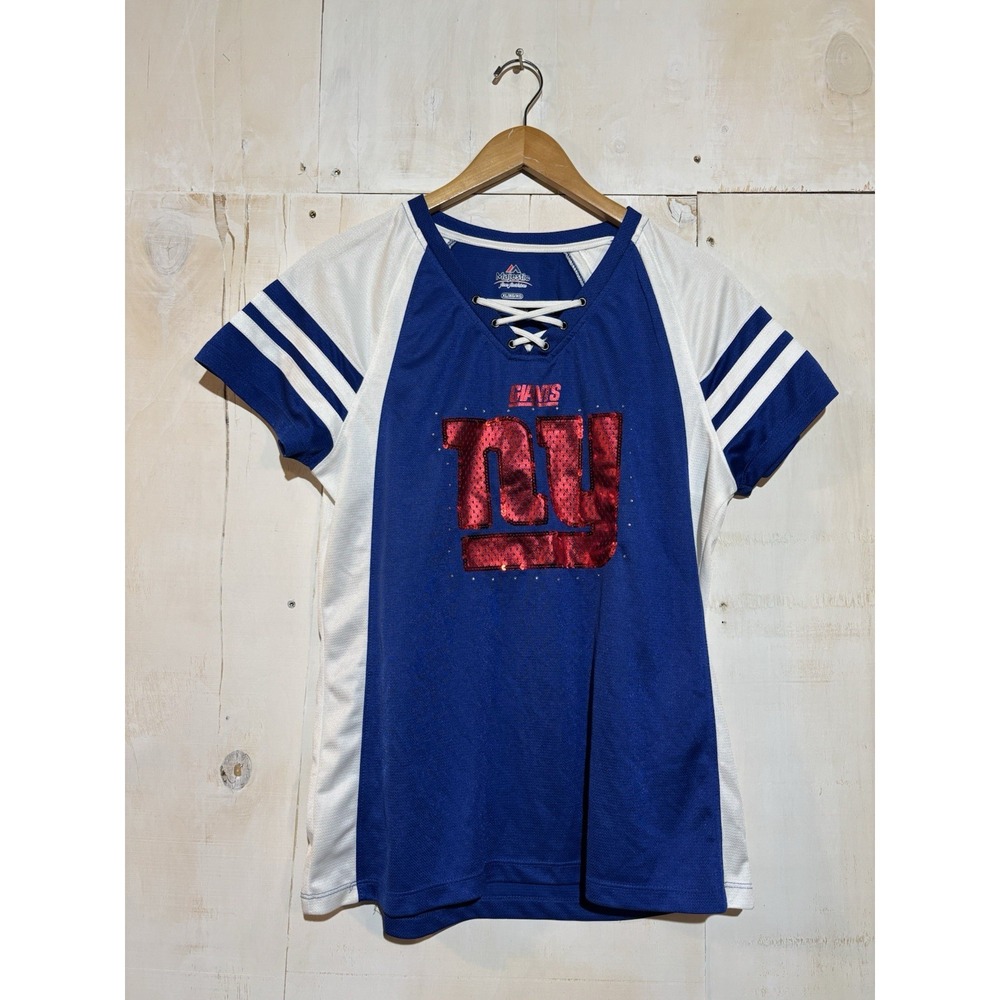 Majestic NY Giants Jersey Womens Sz XL Blue Sequin Lace Up V-Neck NFL Fan Shirt